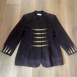 Vintage 1980s San Laurance Crepe Blazer Women 18 Steampunk Navy Gold‎ Embroidery